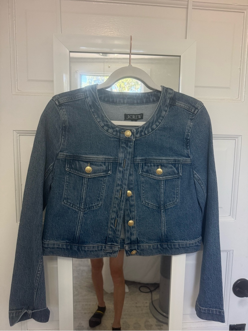 J. Crew Cropped Blue Denim Jacket with Gold Buttons